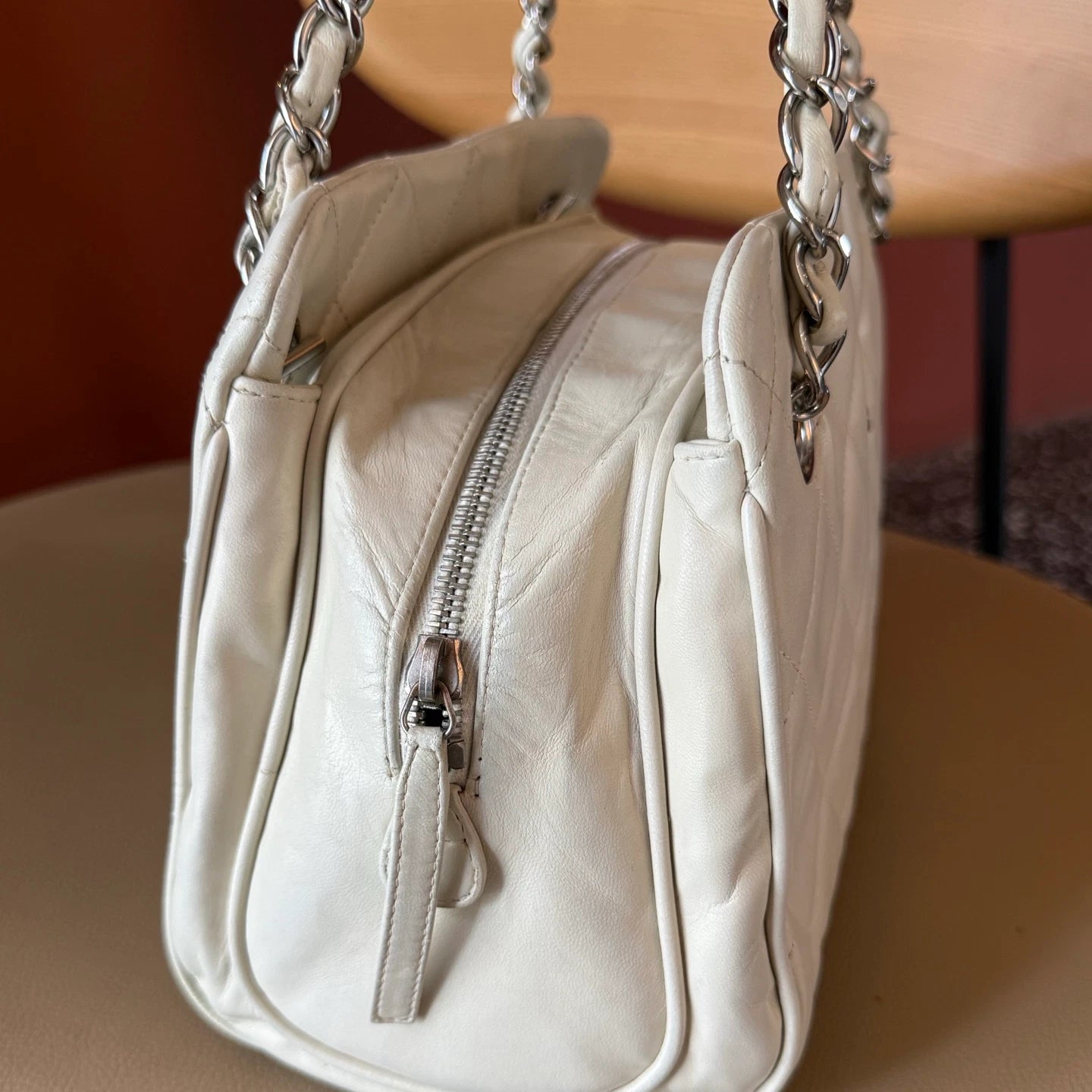 Authentic Chanel Bowling Lambskin Chain Shoulder Bag White Silver Hardware