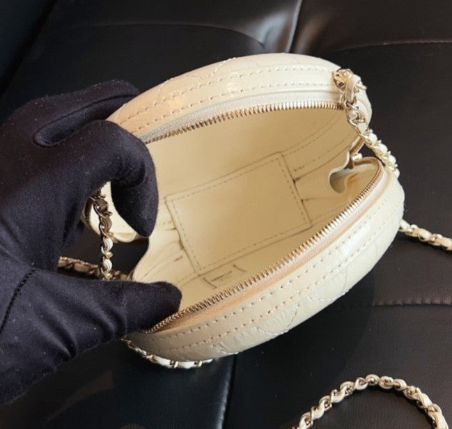 Chanel Calfskin Round Bag Chain Shoulder Bag Crossbody White Gold Women Classic