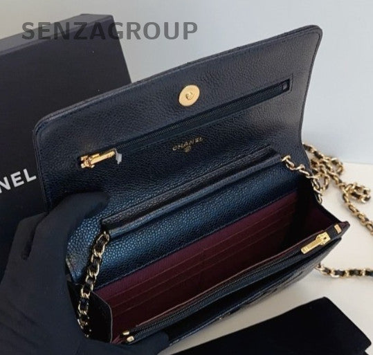 Chanel WOC Chain Shoulder Bag Crossbody Black Gold Women Diamond Classic