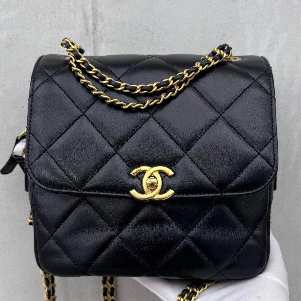 Chanel Diamond Chain Backpack Black Gold Women Classic