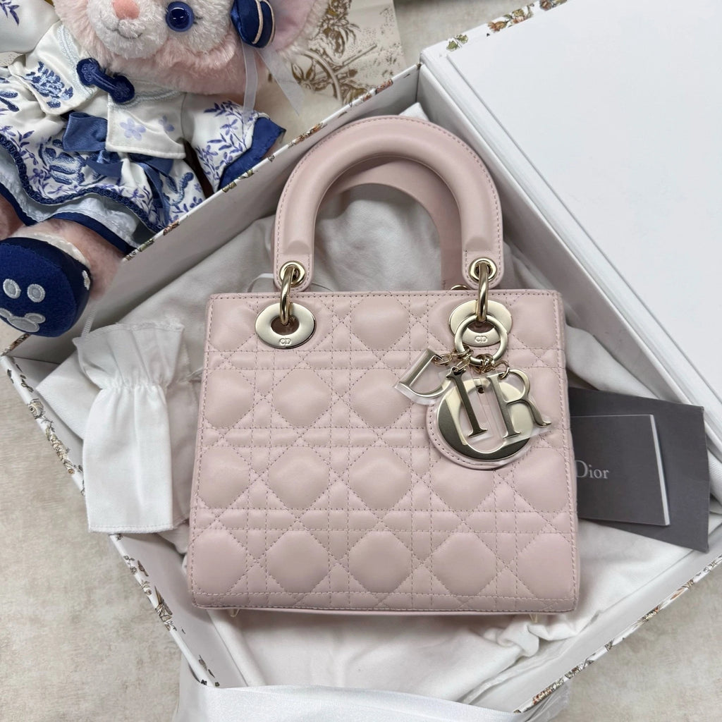 Dior Sakura Pink Lambskin Lady Dior Top Handle Bag For Women