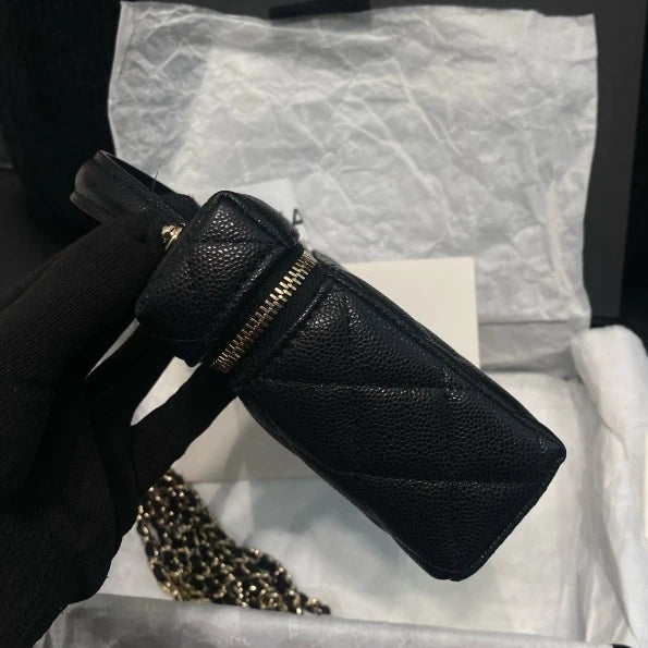 Chanel Vanity Case Chain Calfskin Top Handle Shoulder Bag Black Gold Women D