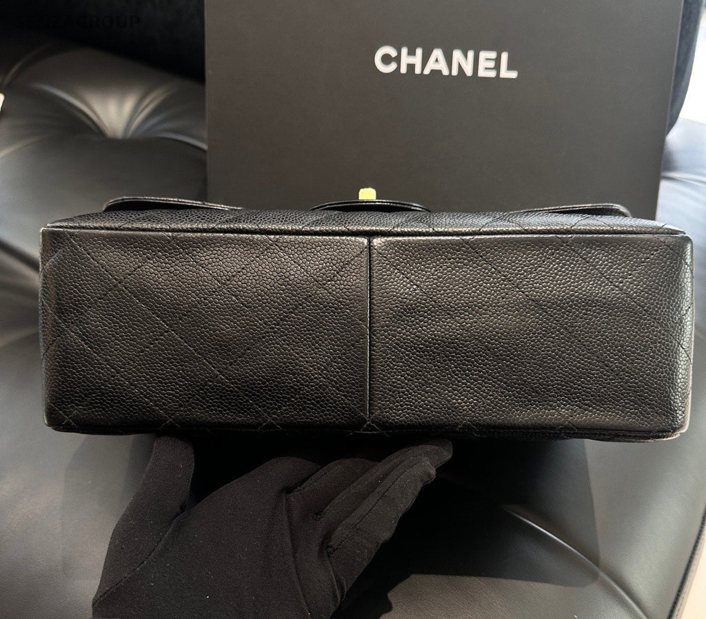 Chanel Classic Flap Jumbo GM Chain Shoulder Bag Black Gold Women Fashion