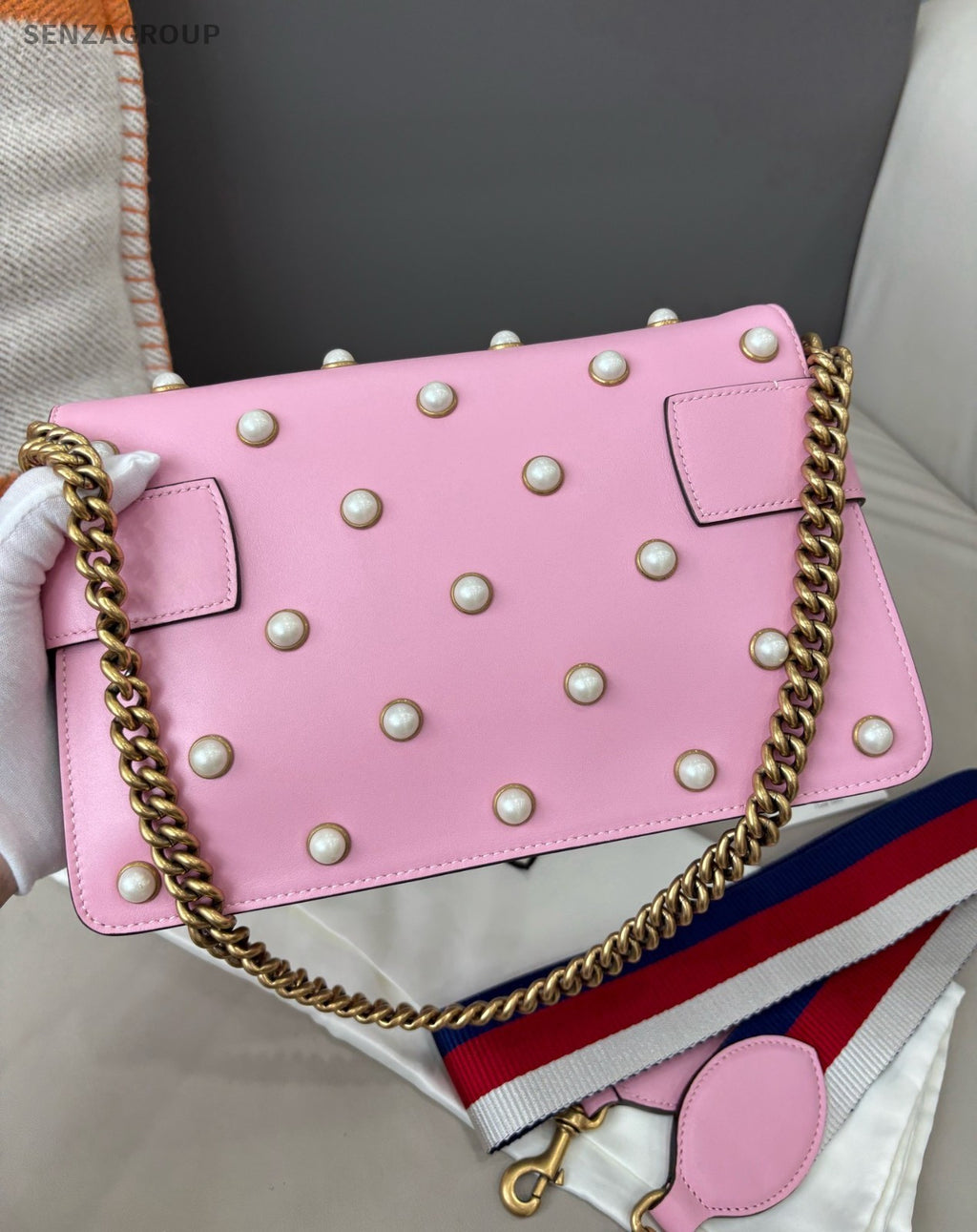 GUCCI Margaret Beer Pearl Chain Shoulder bag Crossbody Pink Women
