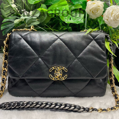 Chanel 19 Medium Quilted Lambskin Shoulder Crossbody Bag Black Gold