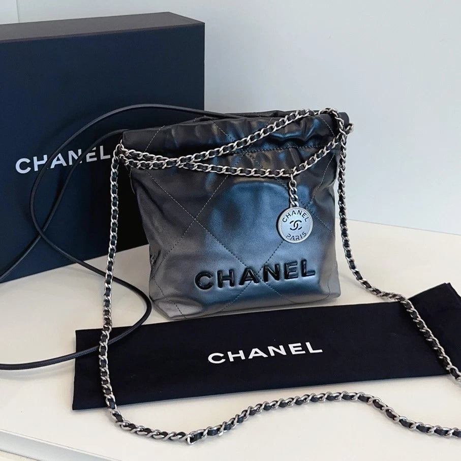 Chanel 22Bag Mini Chain Top Handle Shoulder Crossbody Black Silver Women Classic