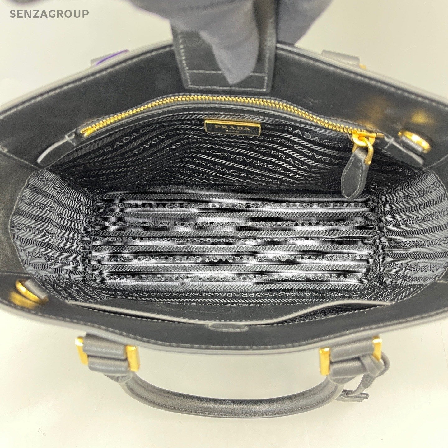 Prada Galleria 2Way Top Handle Bag Crossbody Black Gold Women Classic