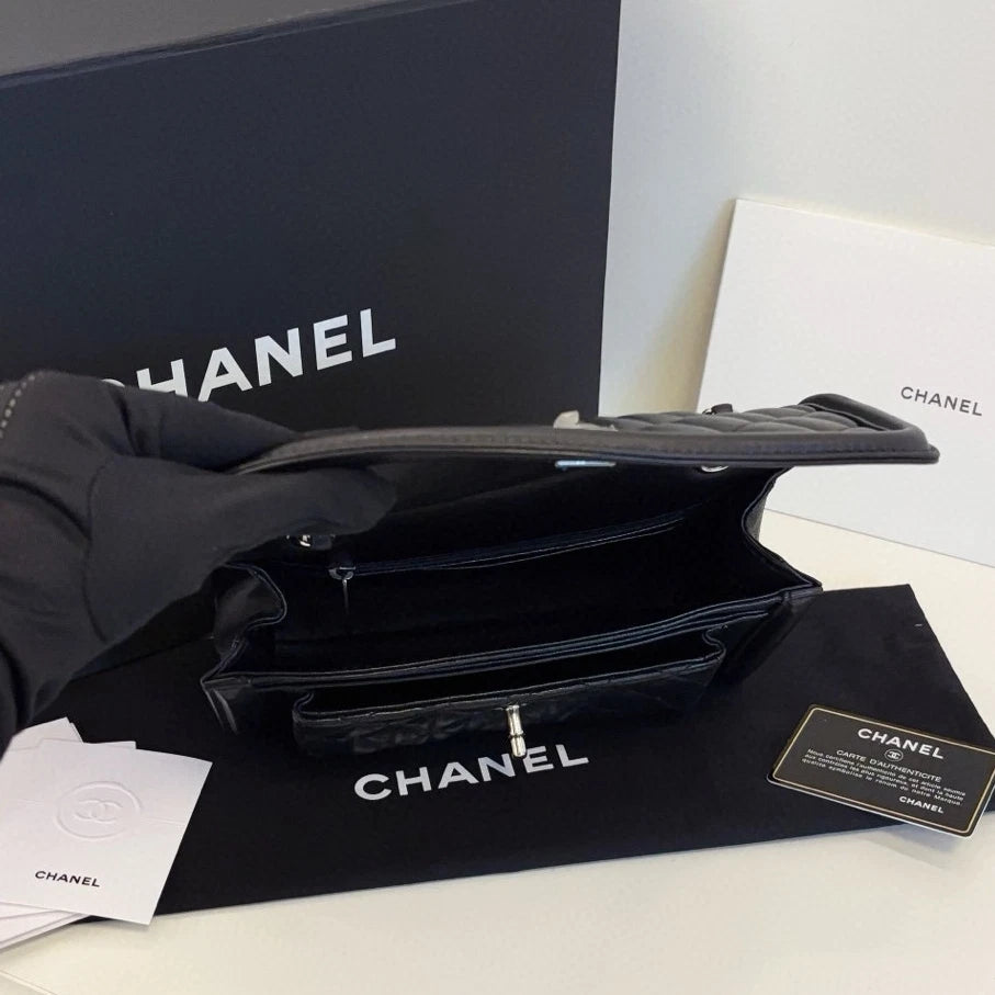 Chanel Classic Flap PM Chain Shoulder Crossbody Black Silver Diamond Women