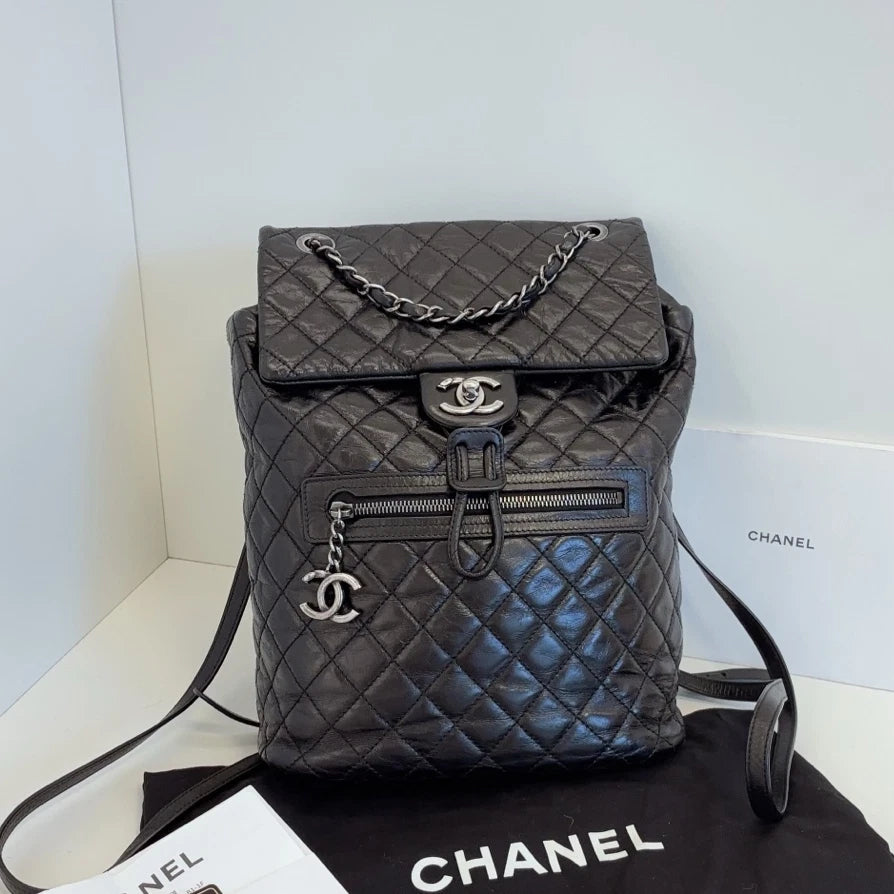 Chanel Calfskin MM Backpack Black Silver Used Women Diamond Classic