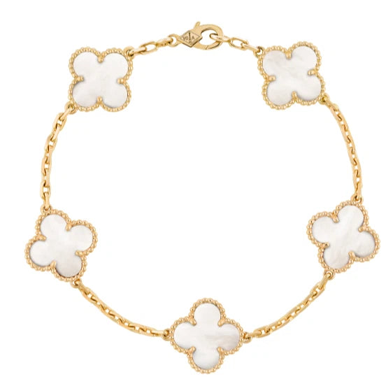 New Van Cleef &amp; Arpels Vintage Alhambra Bracelet 18k YG 5 Motifs Mother Of Pearl
