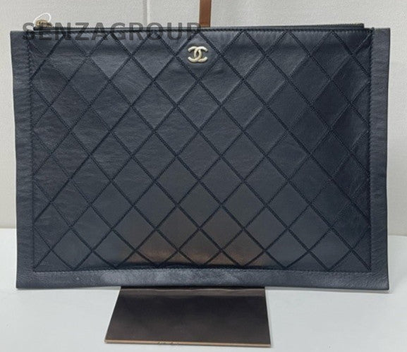 Chanel Diamond Clutch Black Gold Used Women Classic Designer