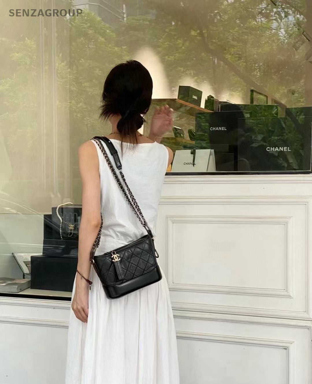 CHANEL Gabrielle PM Diamond Pattern Chain Shoulder bag Black Silver Women