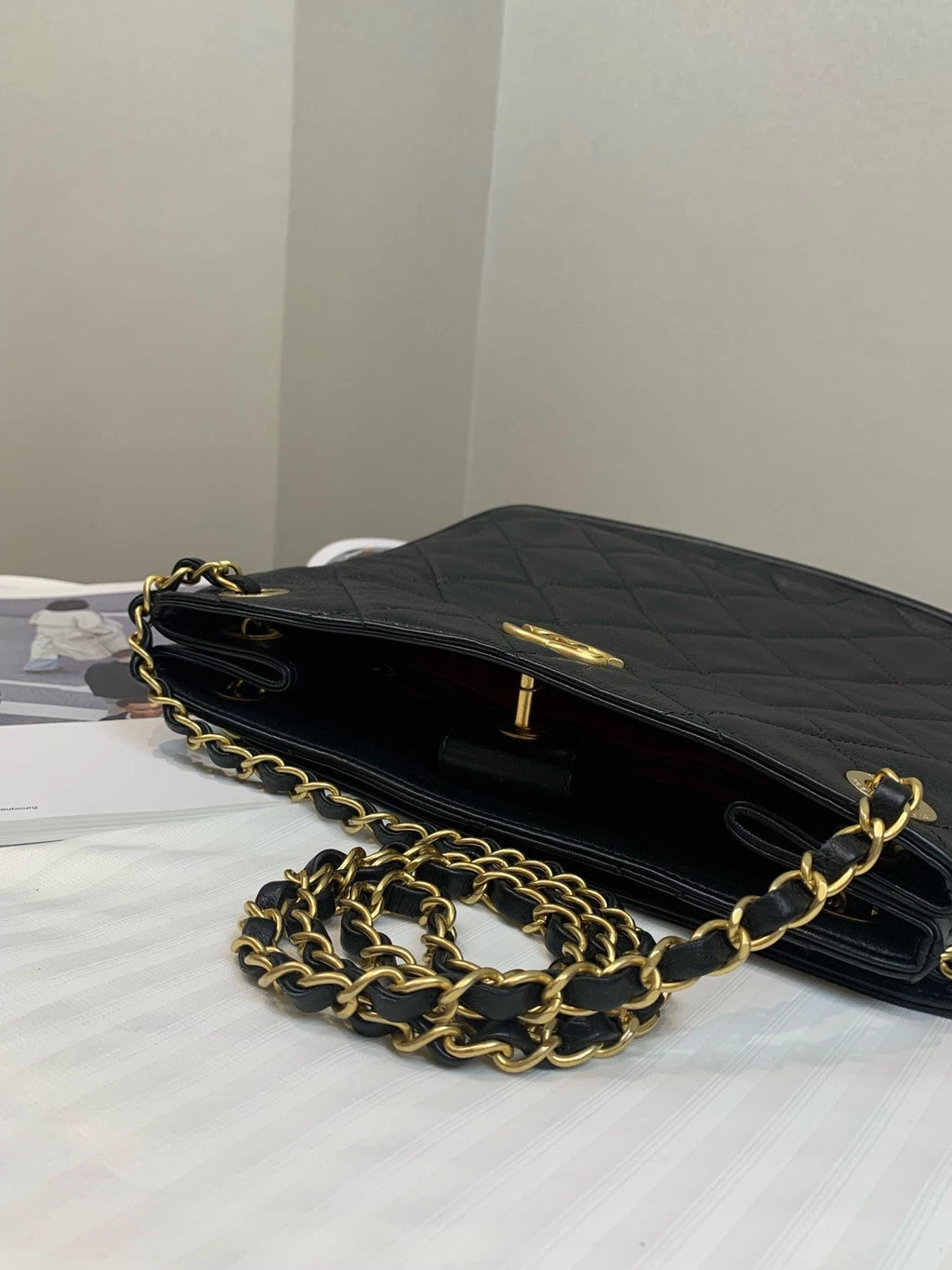 CHANEL Black Gold Calfskin Hobo Shoulder Crossbody Bag For Women