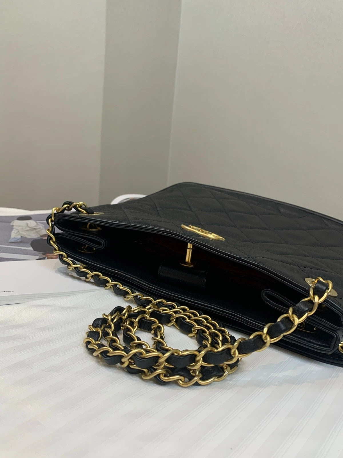 CHANEL Black Gold Calfskin Hobo Shoulder Crossbody Bag For Women