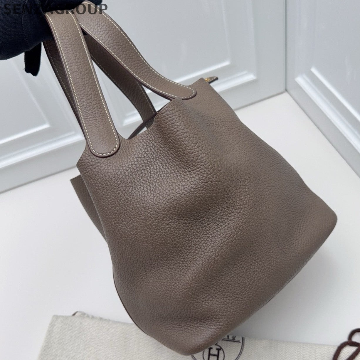 Hermes Picotin22 Top Handle Shoulder Bag Gray Gold Women Classic