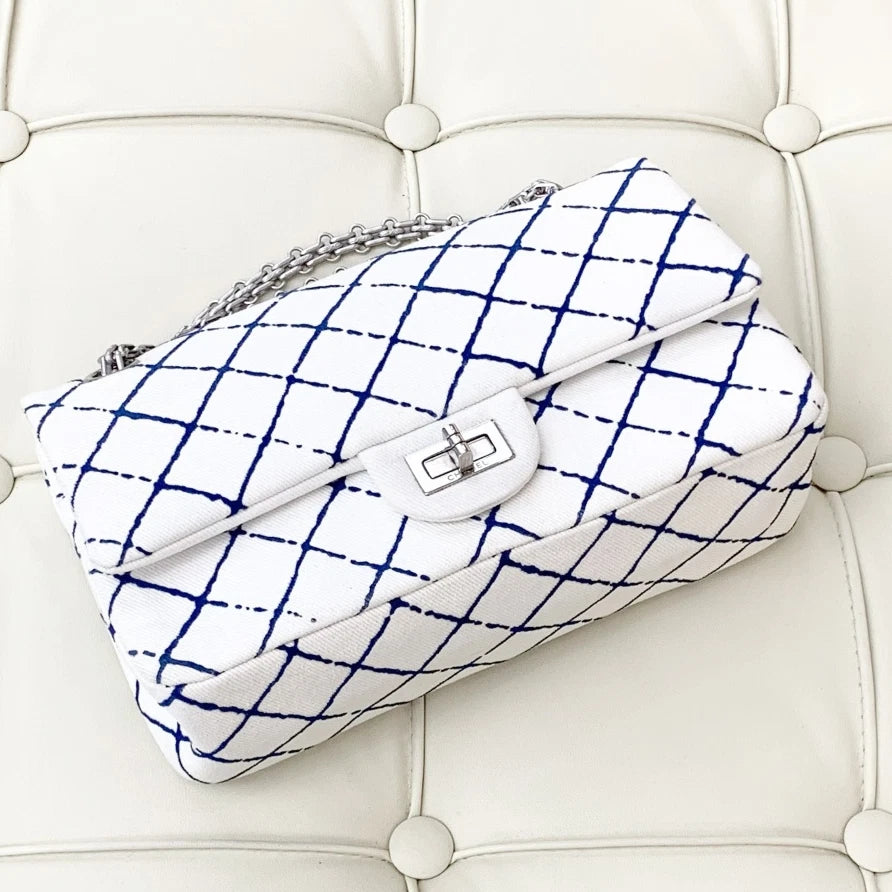 Chanel Denim Chain Diamond Shoulder Crossbody Bag White Silver Women S