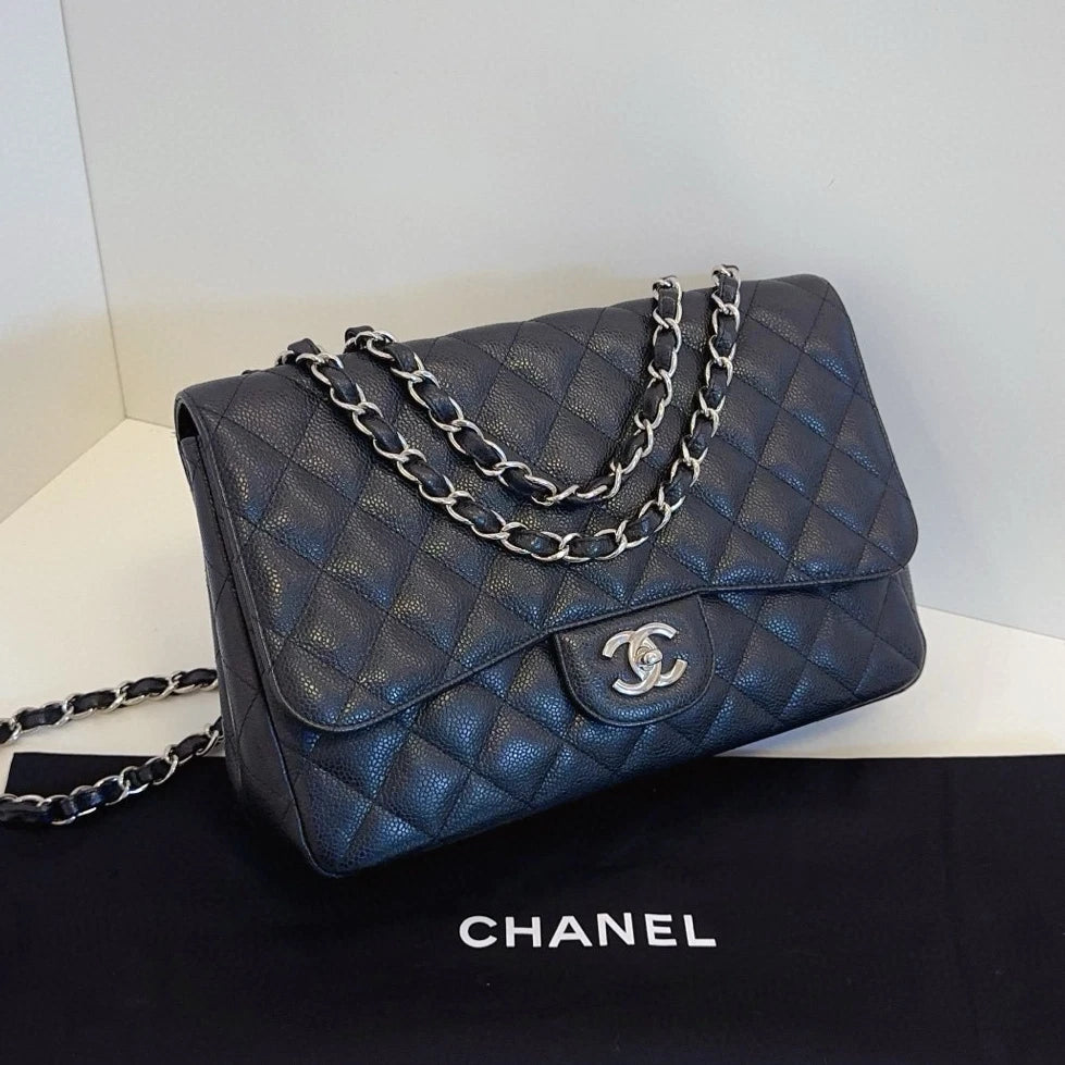 Chanel Classic Flap Jumbo Chain Shoulder Bag Crossbody Black Silver Women