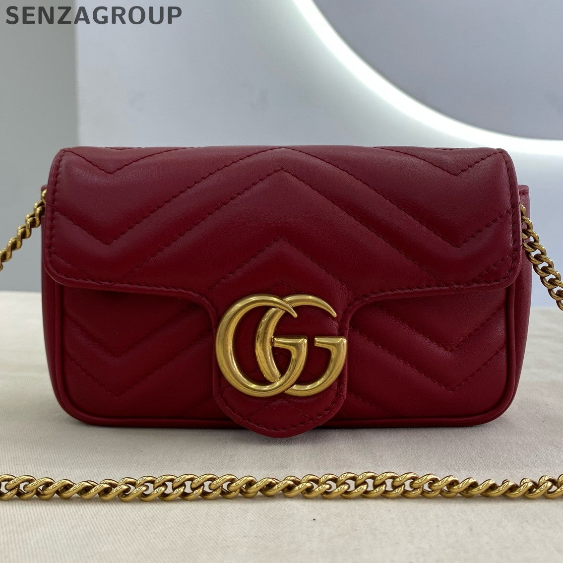 Gucci GG Marmont Mini Chain Shoulder Bag Red Gold Classic Women's