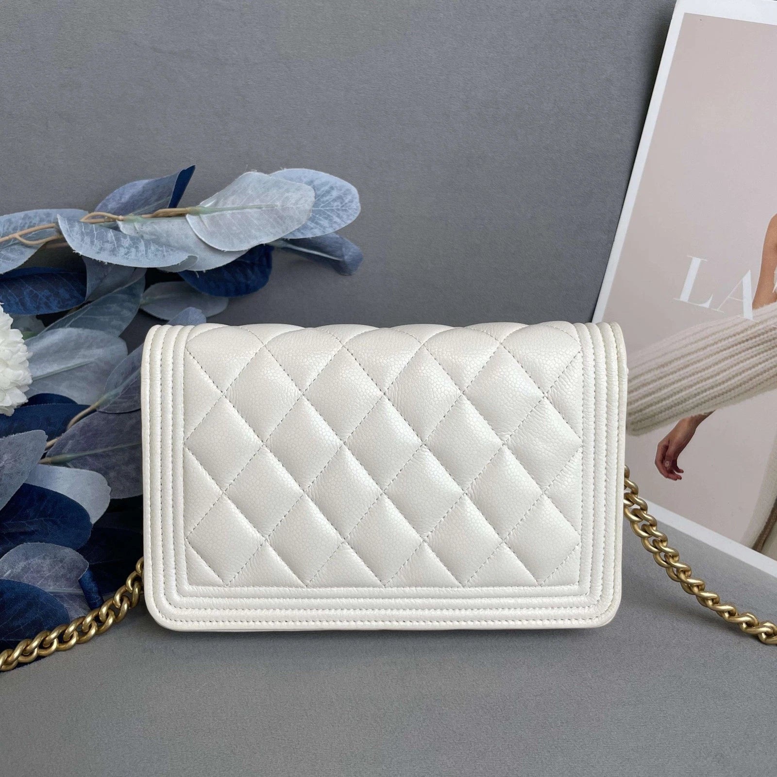 CHANEL White Gold Leather LeBoy WOC Crossbody Bag For Women