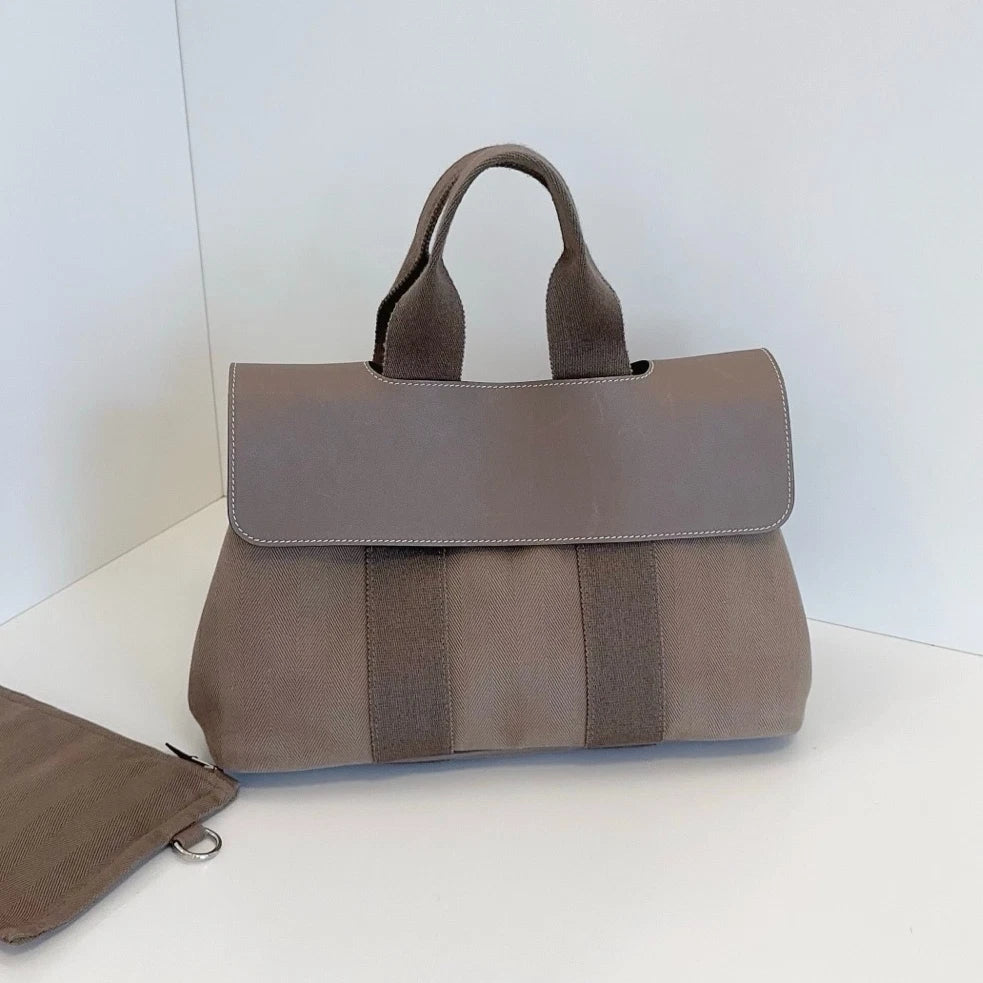 Authentic Hermes Valparaiso Canvas Top Handle Bag Grey