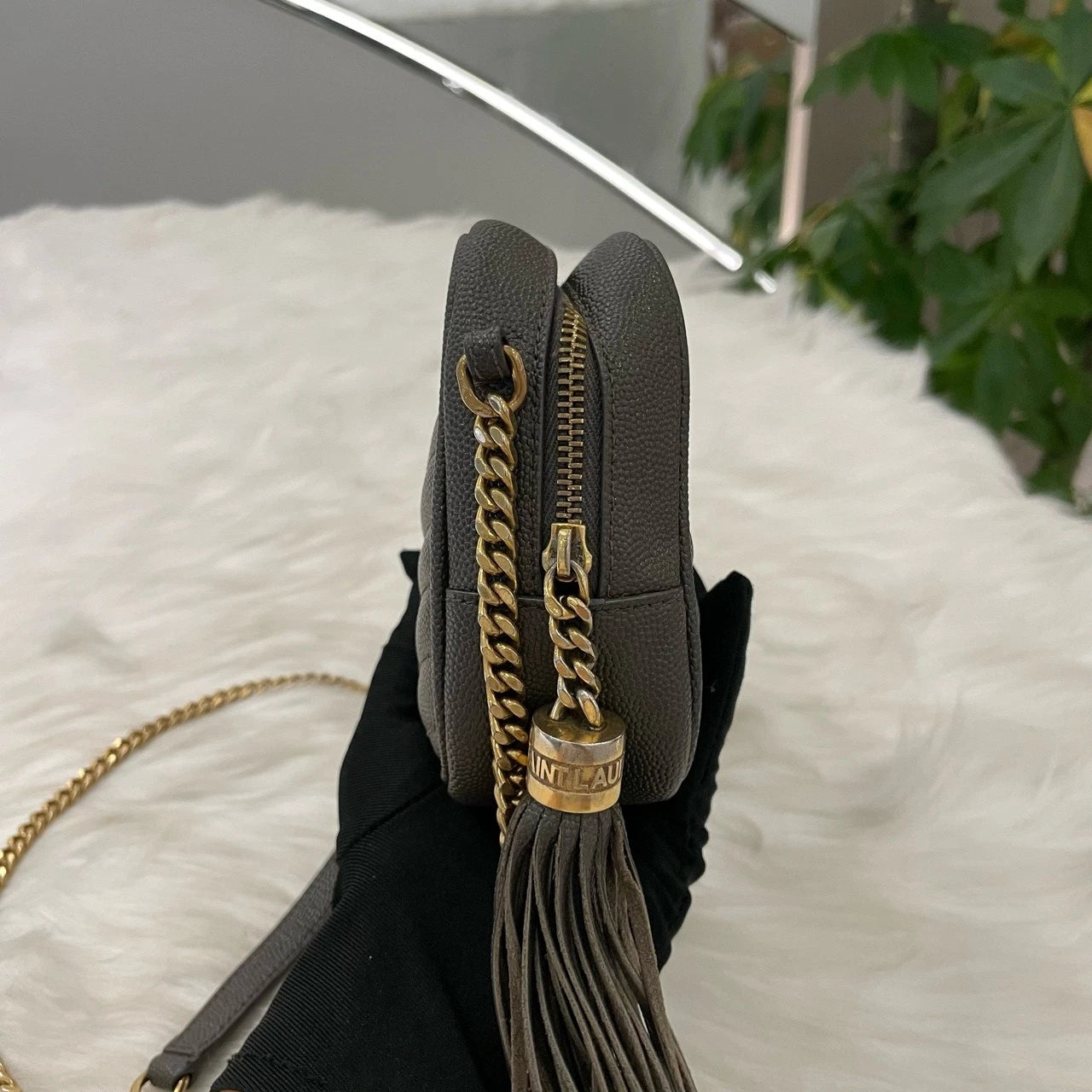 Saint Laurent Camera Bag Chain Strap Crossbody Green Gold Classic Women