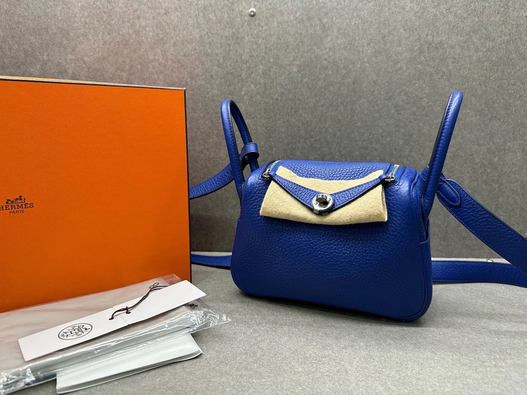 Hermes Mini Lindy TC Leather Blue Shoulder Handbag Crossbody Women