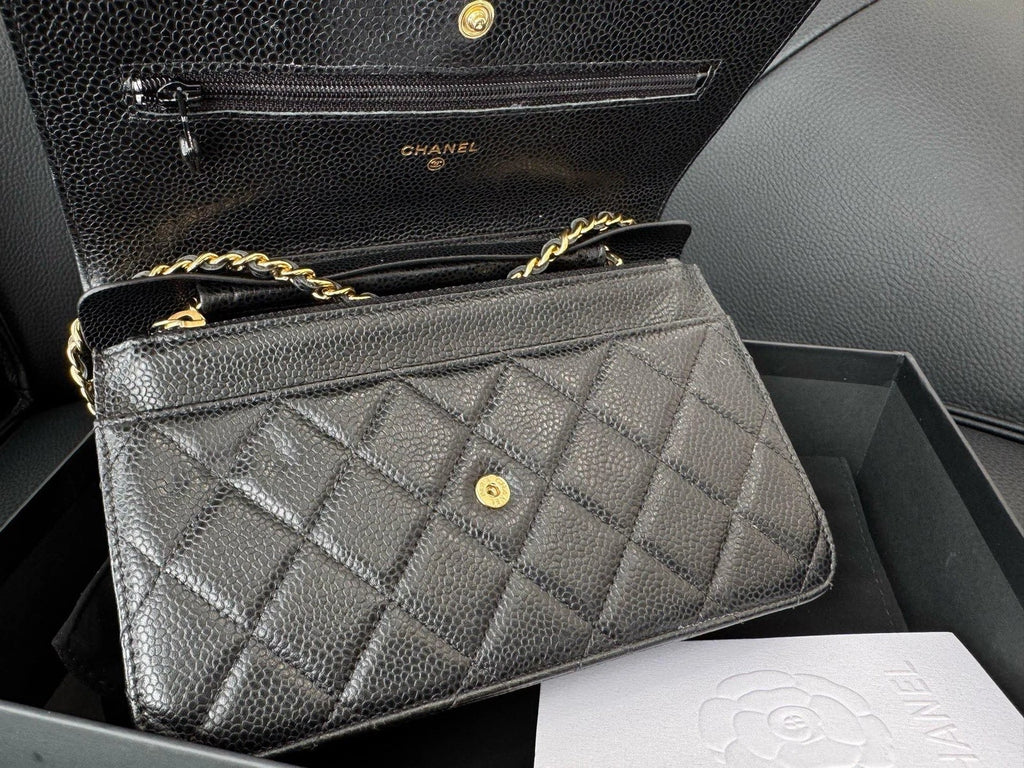 Chanel Calfskin WOC Chain Shoulder Bag Crossbody Women Black Gold Diamond