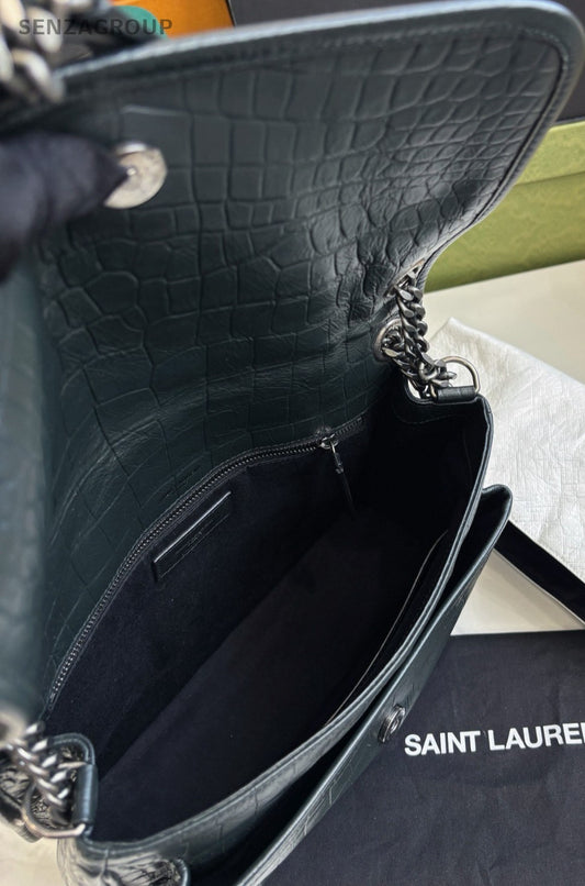 YSL Saint Laurent Niki MM Alligator pattern Chain Shoulder bag Women Dark Green