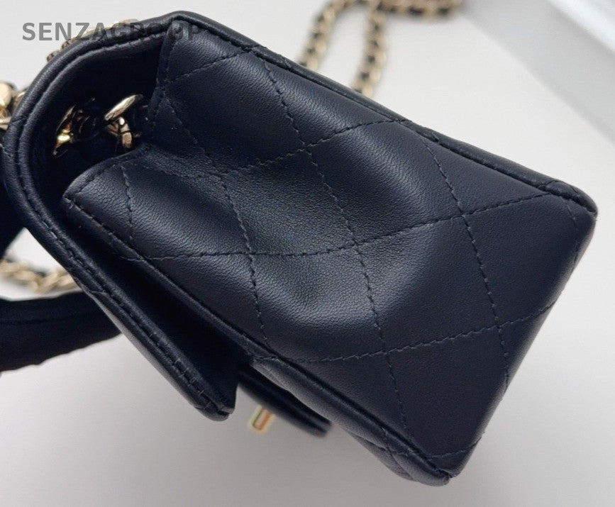 Chanel Classic Flap Mini Lambskin Chain Shoulder Bag Crossbody Black Gold Women