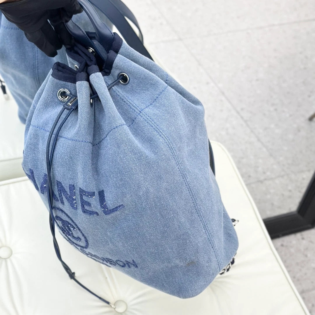 Chanel Denim GM Backpack Navy Blue Silver Used Women Classic