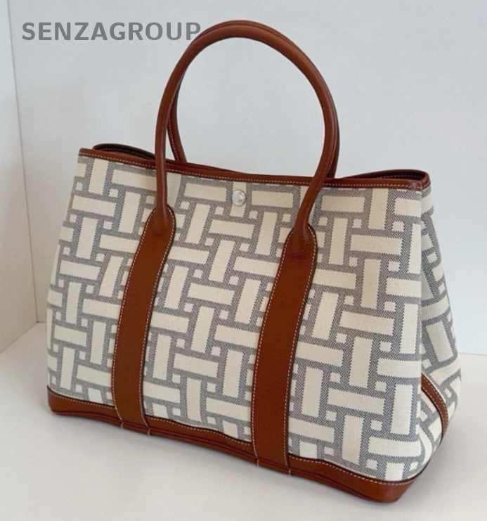 Hermes Garden Party36 Canvas Top Handle Bag White Brown Silver Women Classic