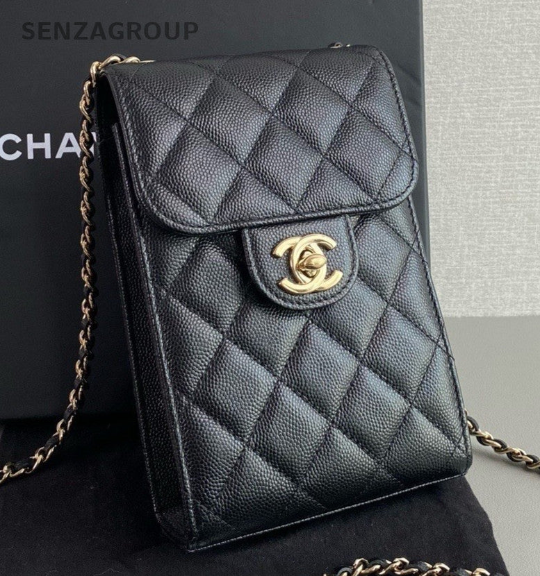 Chanel Diamond Chain Shoulder Bag Crossbody Black Gold Women Classic