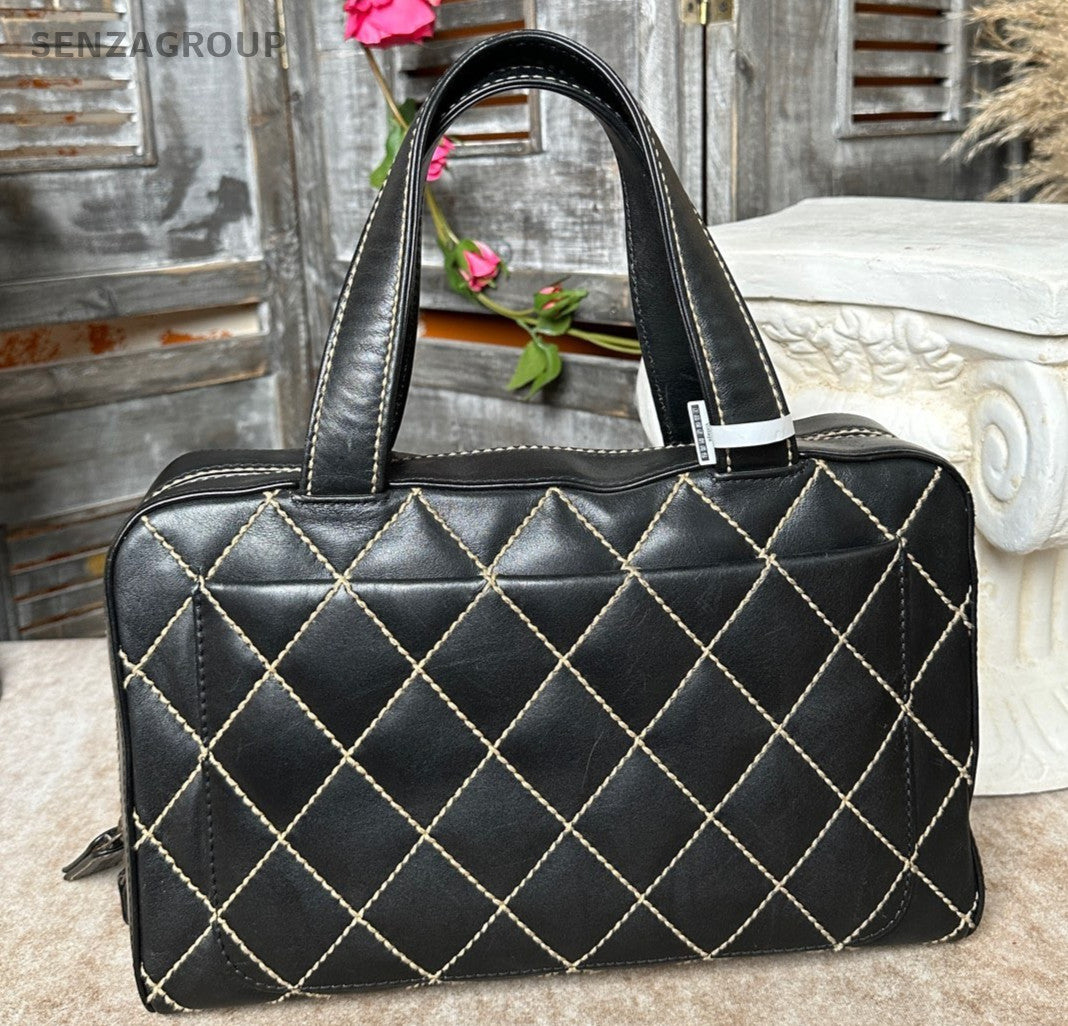 Chanel Bolide Diamond Top Handle Bag Black Silver Used Women Classic Vintage