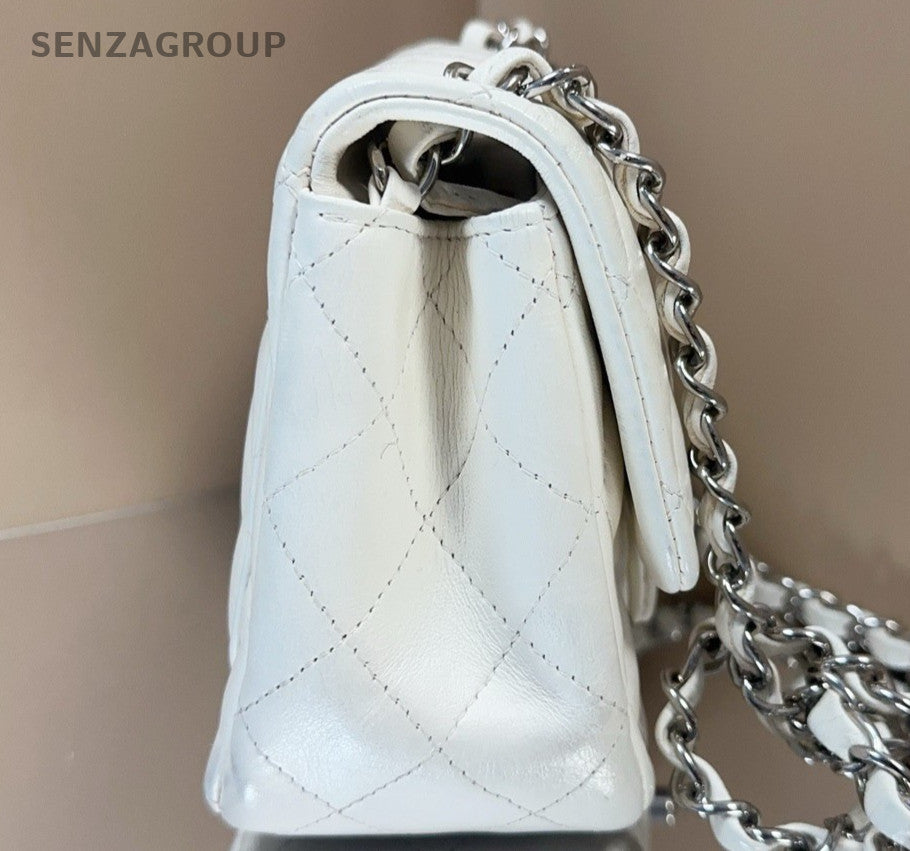 Chanel Classic Flap Lambskin Chain Shoulder Bag Crossbody White Silver Women