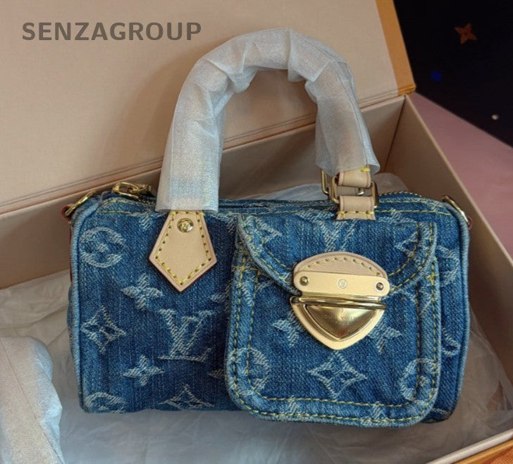 Louis Vuitton Speedy Nano Denim Blue Monogram Top Handle Bag Crossbody Women