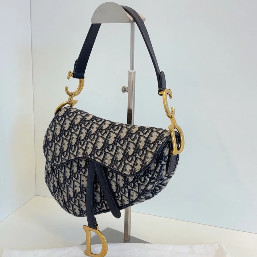 Christian Dior Monogram MM Shoulder Bag Blue Gold Hardware Women