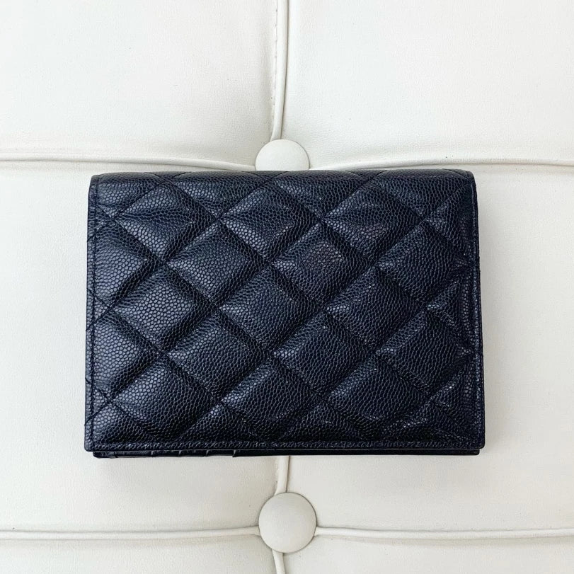 Chanel Diamond Passport Holder Logo Calfskin Black Gold Hardware Unisex S