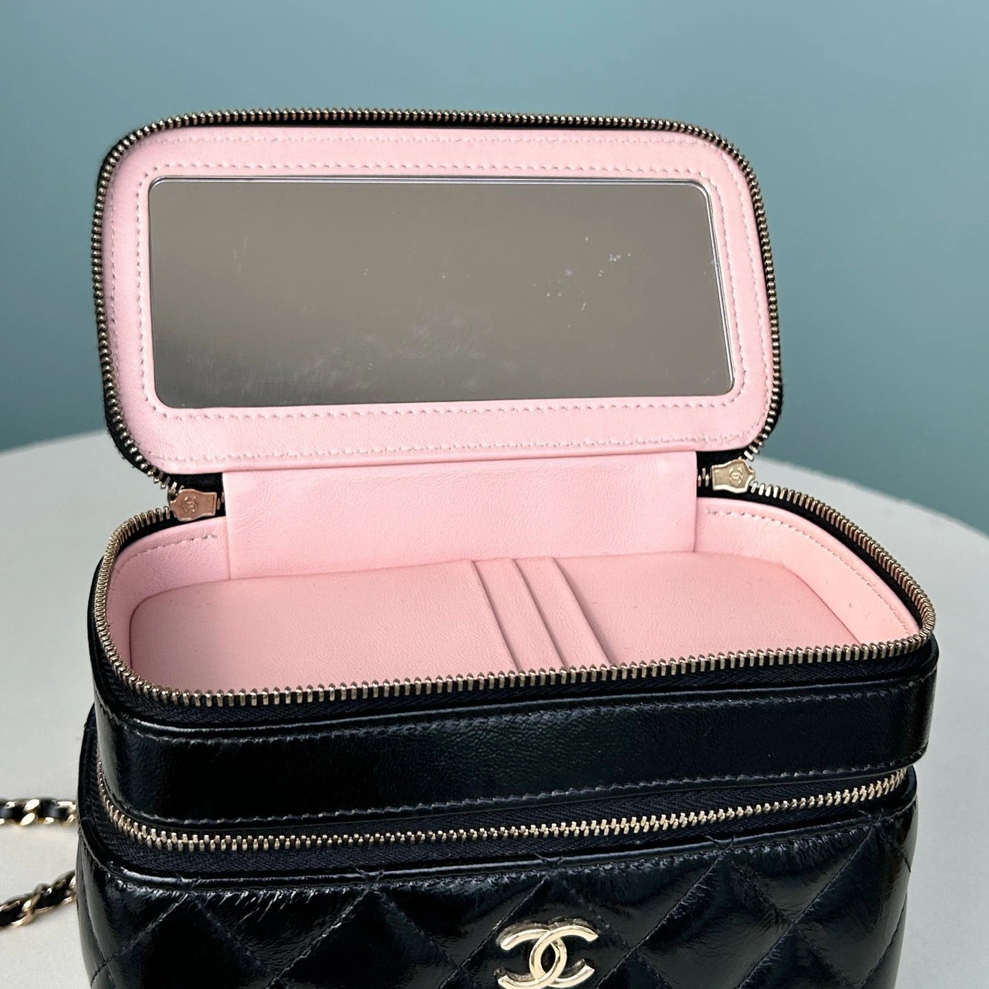 Chanel Diamond Calfskin Chain Top Handle Crossbody Black Gold Women Classic