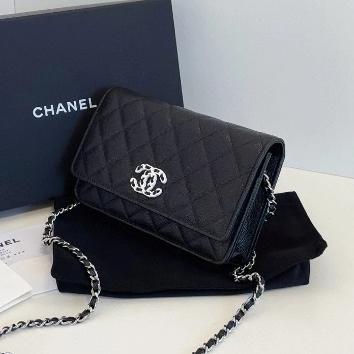 Chanel WOC Diamond Chain Top Handle Shoulder Bag Black Silver Women Classic