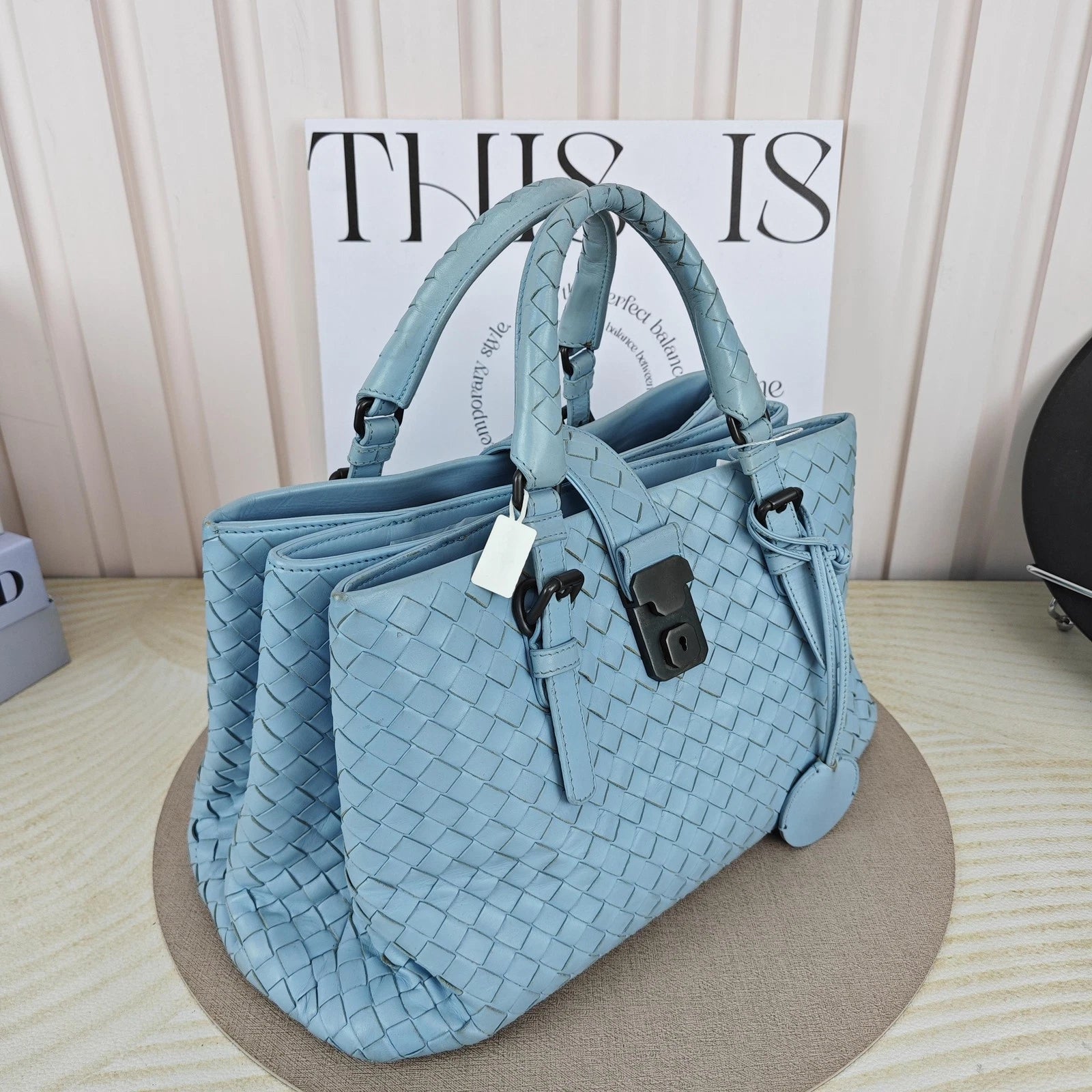 Bottega Veneta Blue Leather Woven Small Roma Tote Handbag For Women