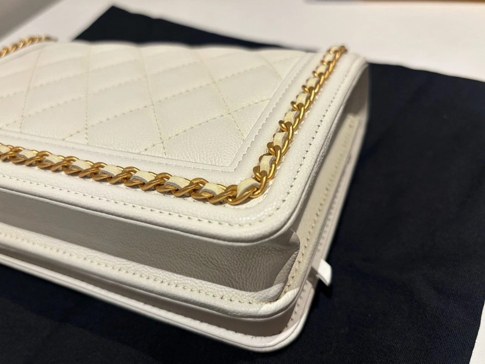 Chanel Leboy WOC Chain Shoulder Bag Crossbody White Gold Diamond Women Classic