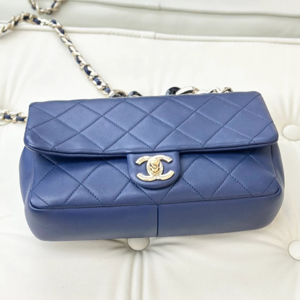 Chanel Calfskin Chain 2Ways Top Handle Bag Crossbody Navy Gold Women Classic S