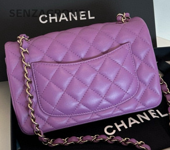 Chanel Classic Flap Mini Chain Shoulder Bag Purple Gold Women Diamond Fashion