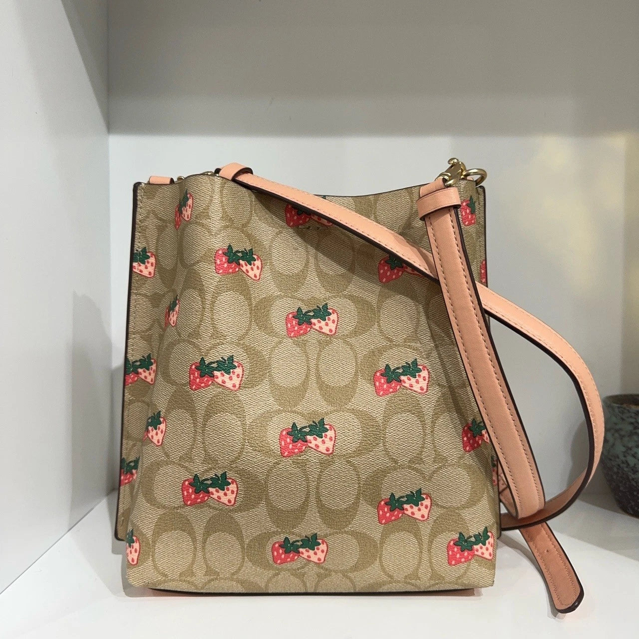 Coach Women's Strawberry Print Canvas Bucket Crossbody Shoulder Bag