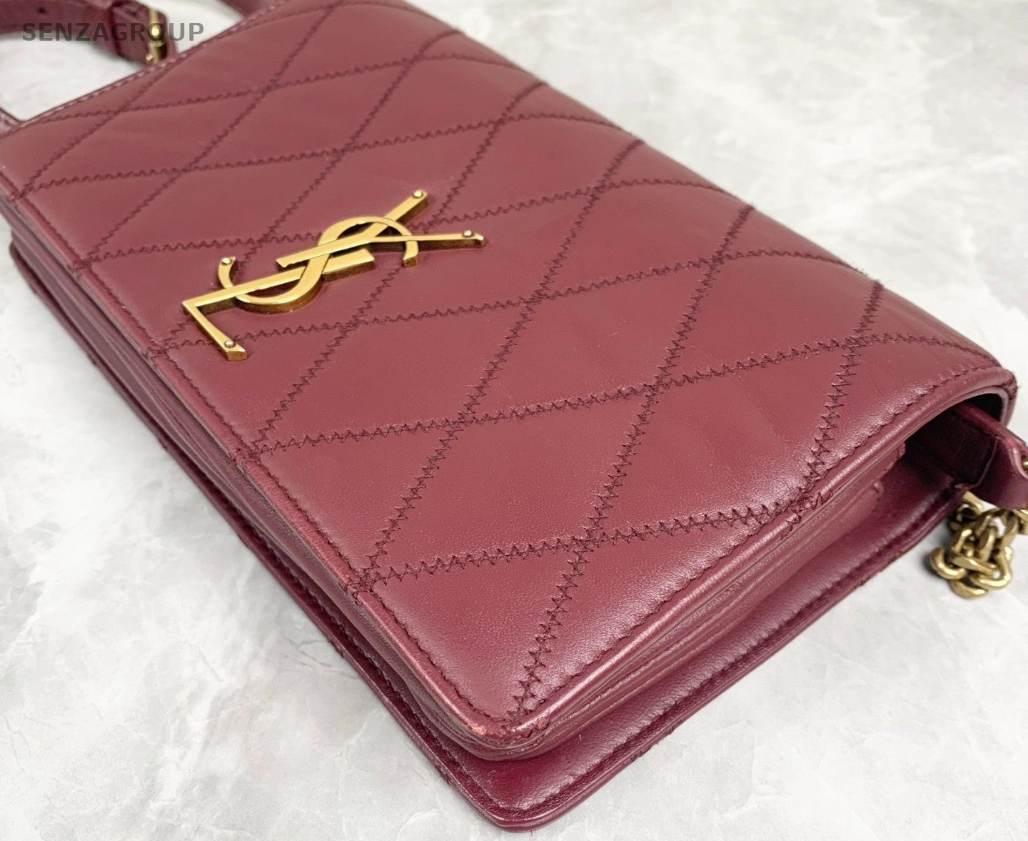 YSL Saint Laurent Diamond pattern Logo Shoulder bag Crossbody Wine Red Women