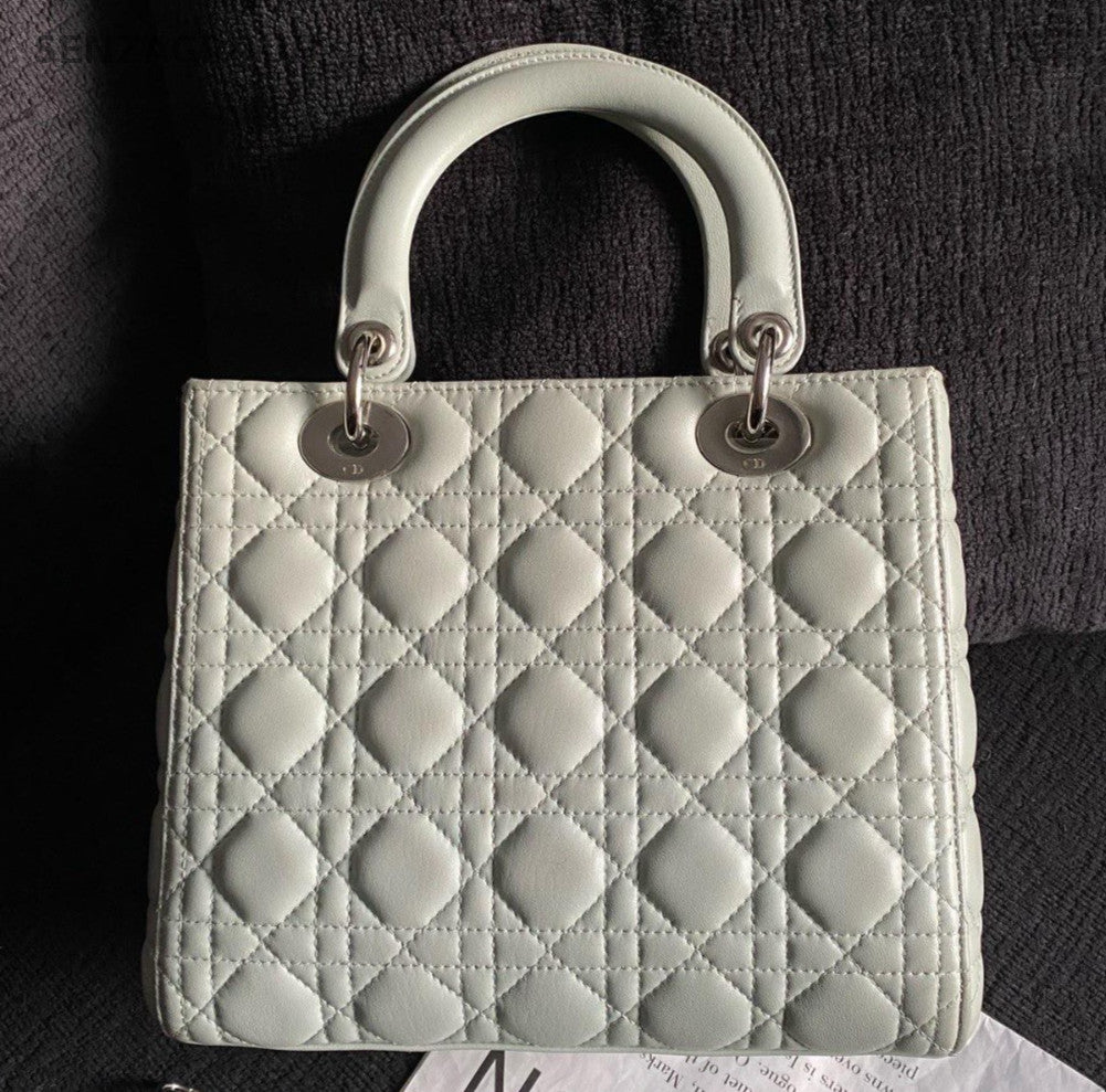 Christian Dior Lady Dior 2Way Top Handle Bag Crossbody Blue Silver Women Classic