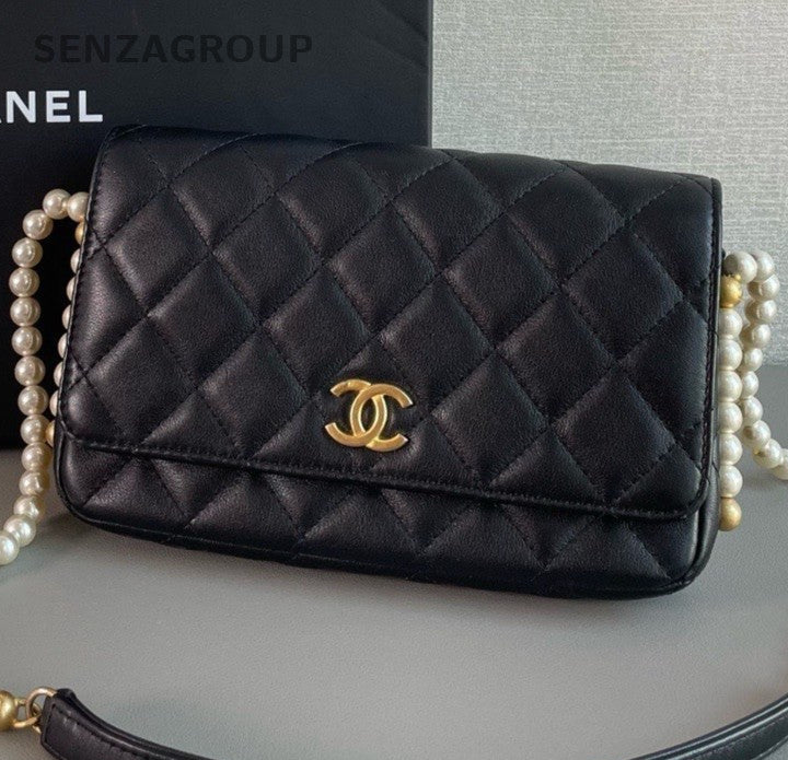 Chanel WOC Pearl Chain Shoulder Bag Crossbody Black Gold Women Designer Classic