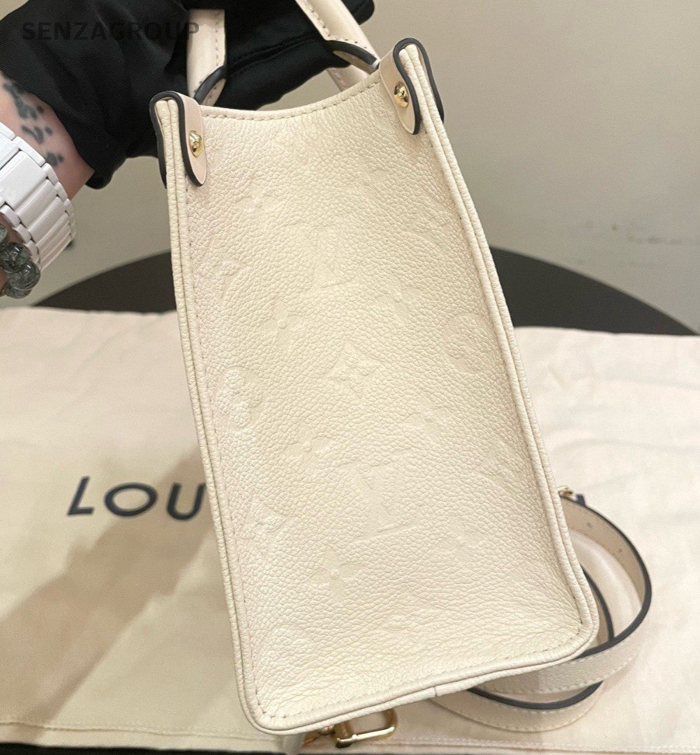 Louis Vuitton Onthego PM Tote Top Handle Bag Crossbody White Gold Women Classic