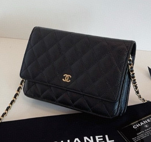 Chanel WOC Diamond Chain Shoulder Bag Crossbody Black Gold Women Classic