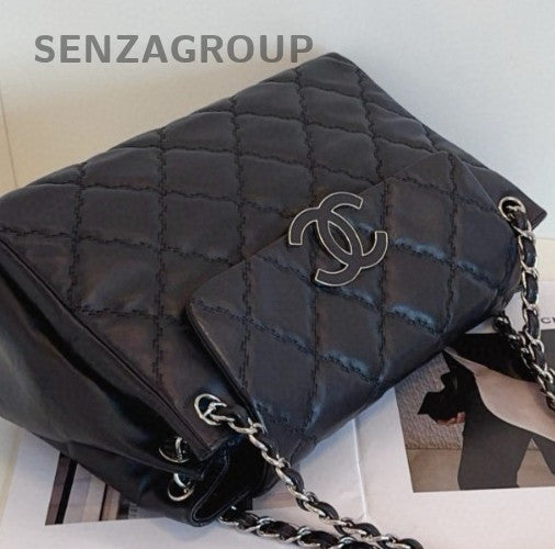 Chanel Diamond Chain Calfskin Shoulder Bag Black Silver Women Classic Fashion